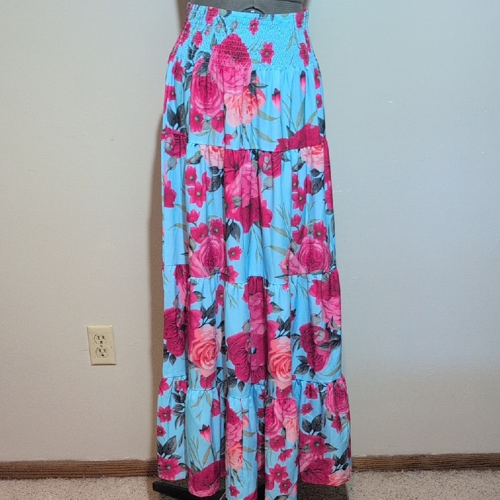 Source Unknown Floral Maxi Skirt - Blue and Pink